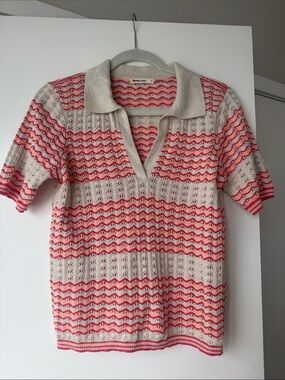 Marine Layer Cream Knit Sweater Tee with Coral and Peach Wave Stripes